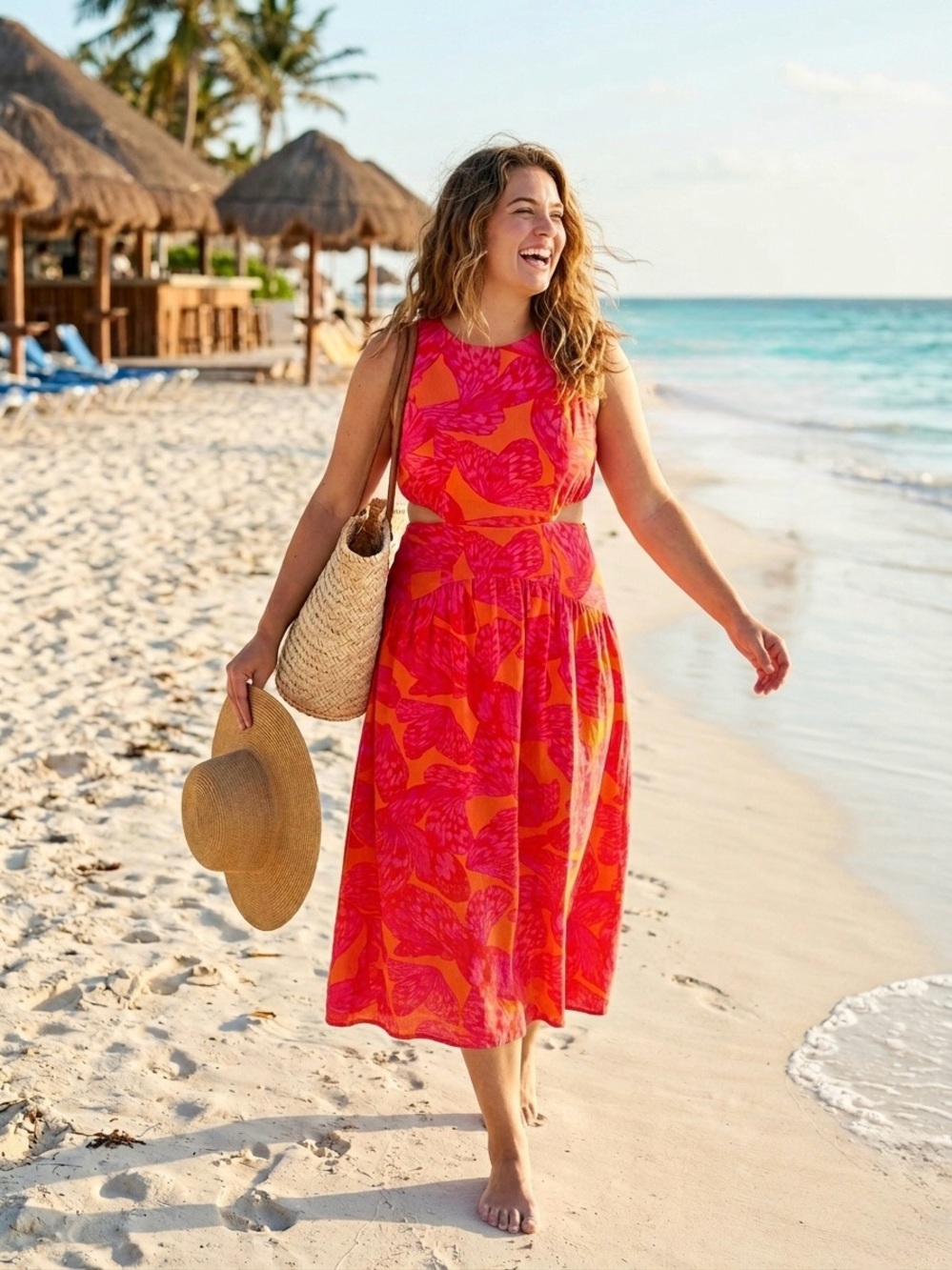 Sleeveless Pink & Orange linen Midi Dress - Vibrant Summer Print